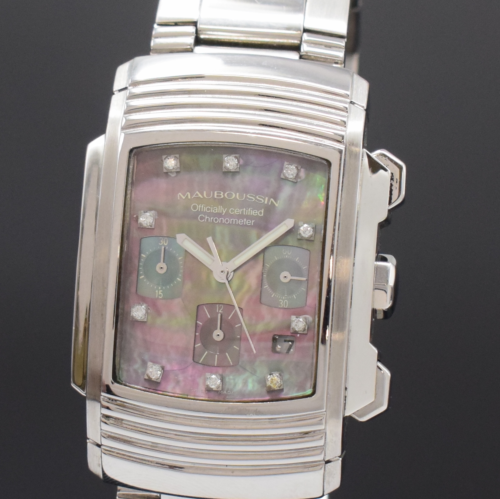 Detail a: MAUBOUSSIN Armbandchronograph Fouga, Automatik, Schweiz um 2014, beids. vergl. Edelstahlgeh. inkl. Gliederband m. dopp. Faltschl., Boden 8-fach ...