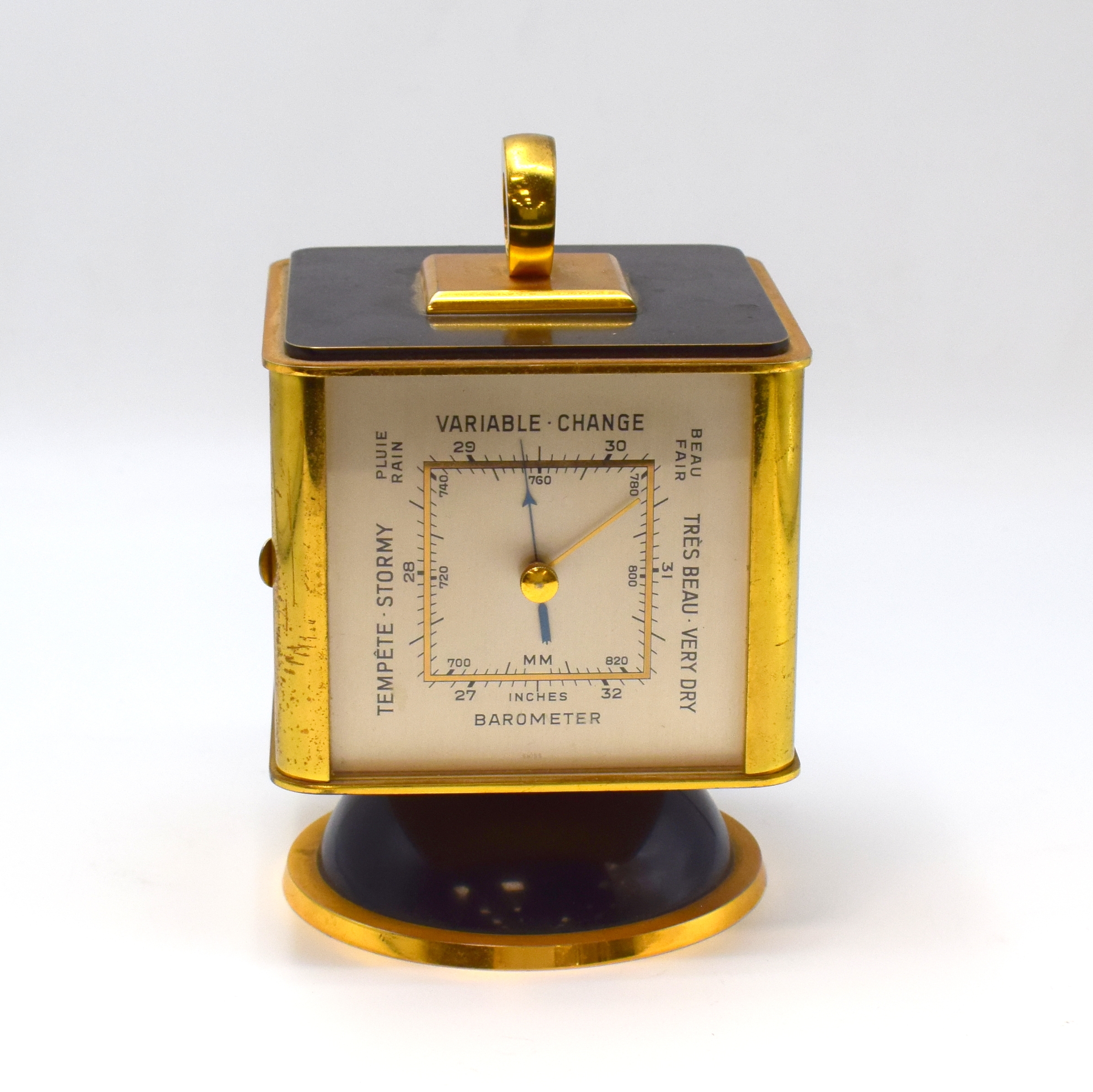 Detail c: IMEXAL 4-Seitige Tischuhr mit Vollkalender, Hygrometer, Thermometer und Barometer, Schweiz um 1955, verg. Messinggeh., teilw. geschwärzt, drehbar ...