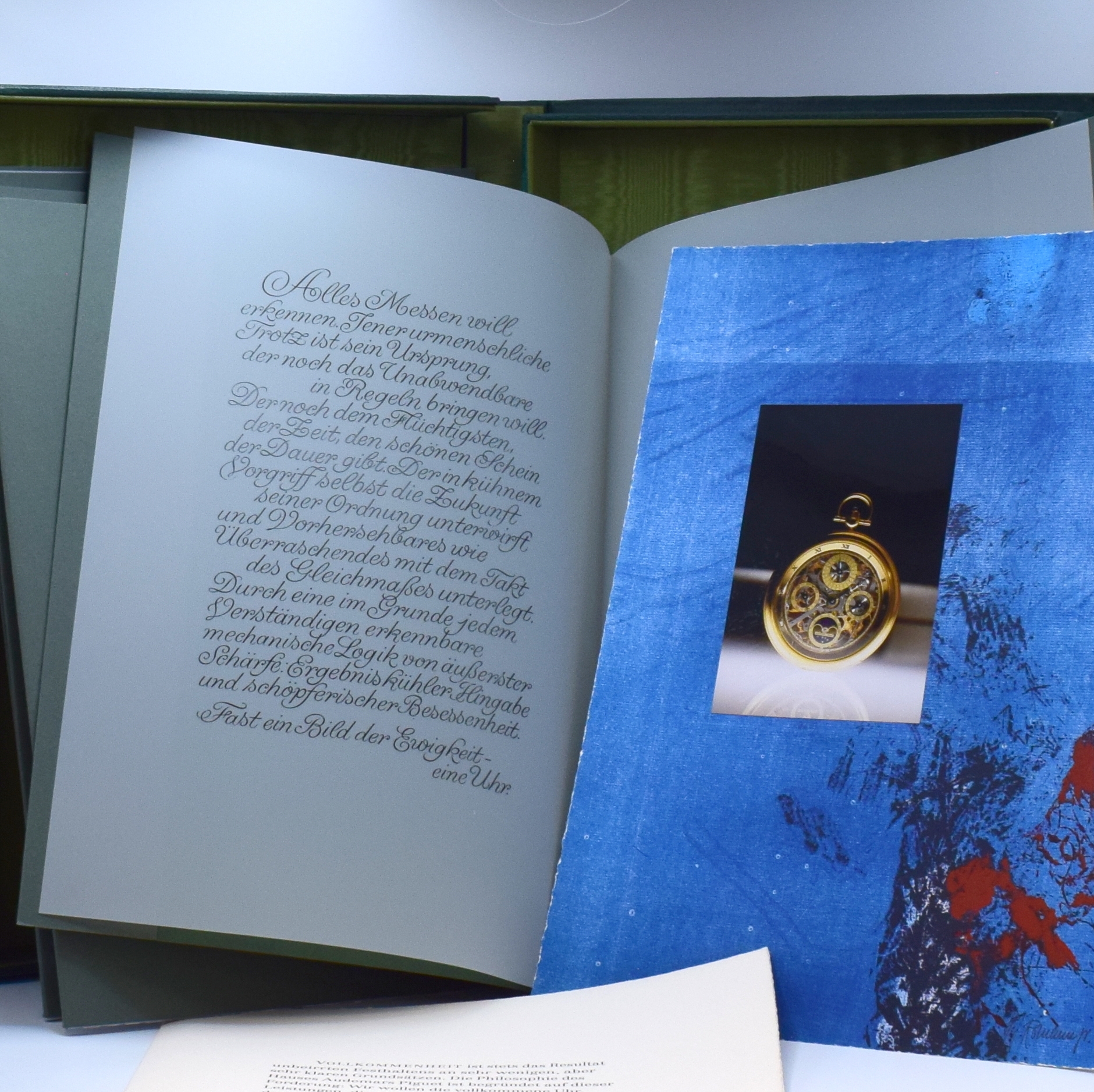Detail i: AUDEMARS PIGUET aufwendige und hochwertige, extrem seltene Mappe mit 5 Drucken, Schweiz um 1980, grüne Leder-Kassette am Rücken sign. ...