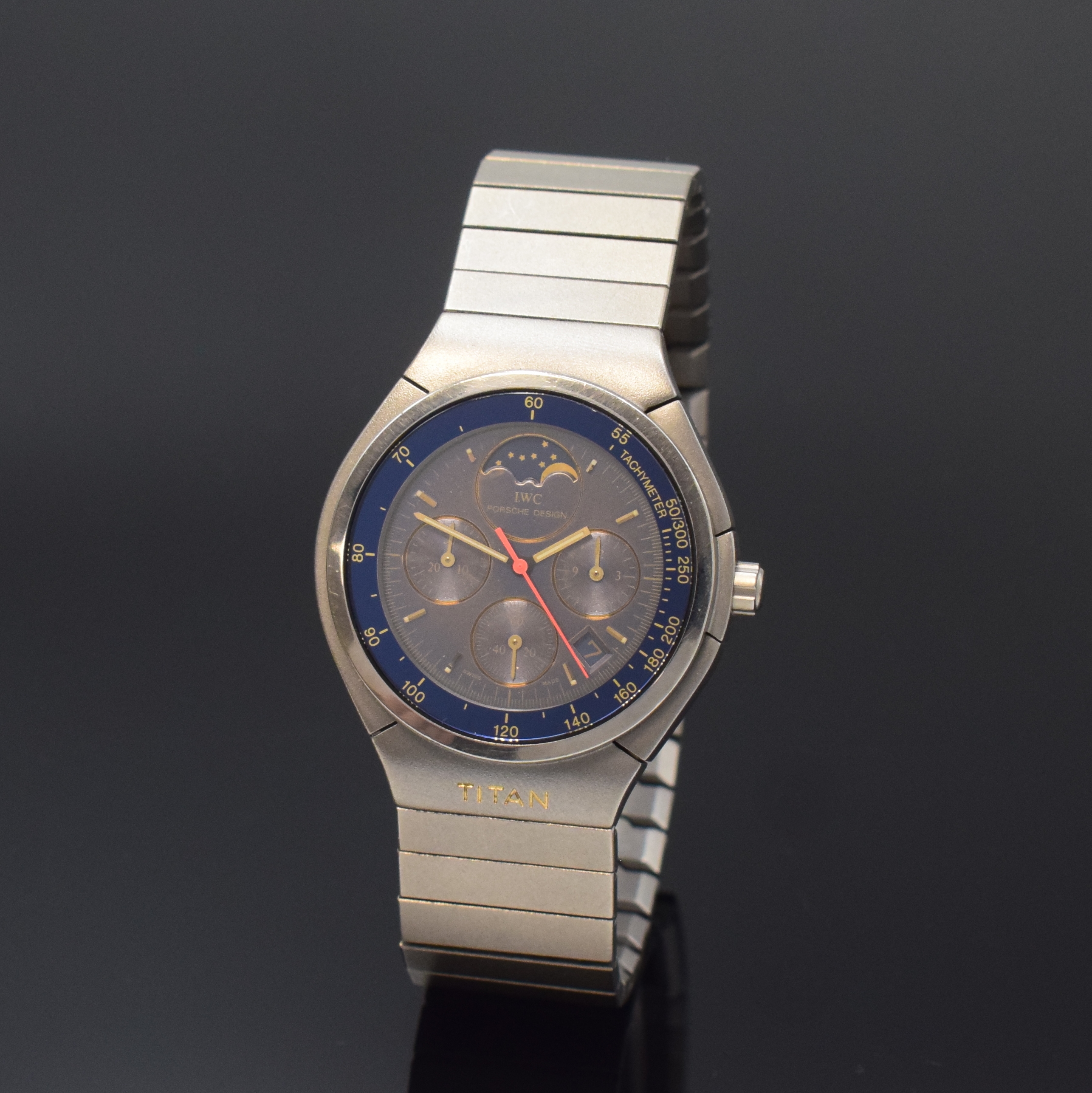 IWC Porsche Design Armbandchronograph Referenz 3742, Schweiz um 1985, quarz, Titangeh. inkl. Gliederband m. Faltschließe, Boden und Krone verschr., ...
