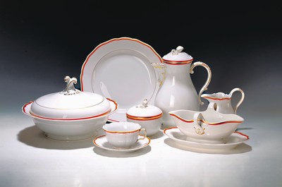 Image Coffee and dinner service, Meissen, 20th century, large cut-out shape, coral red and gold ...