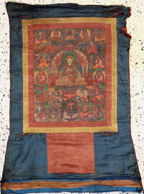 Image Thangka antik, Tibet, 19.Jhd, Leimfarbe aufStoff mit Seidenbrokat Rahmen, ca. 100 x 63 ...