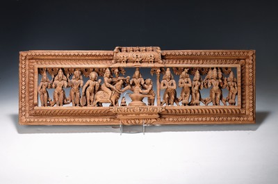 Image wood embossment, India, 20th c., carved wood, Vishnu and Durga flanked by worshipers, ...