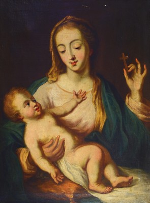 Image 26795252 - Unknown artist, 18th century, Mother of God with child, oil/canvas, signed, older restoration, damage caused by age, approx. 75x55 cm, frame 81x63 cm