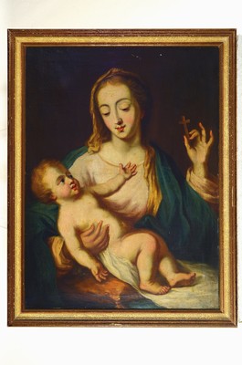 26795252k - Unknown artist, 18th century, Mother of God with child, oil/canvas, signed, older restoration, damage caused by age, approx. 75x55 cm, frame 81x63 cm