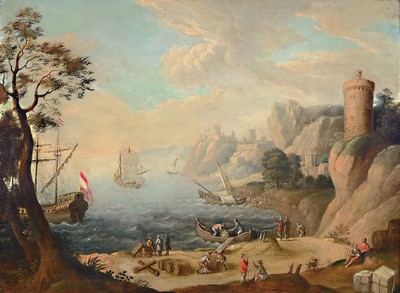 Image Unidentified Monogramist AB, probably Dutch 18th c., coastal landscape with cities and ...