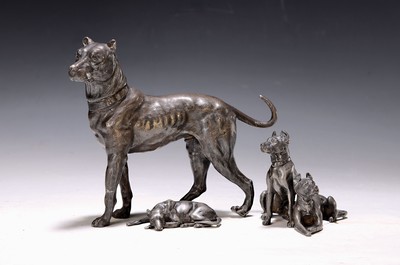 Image Three sculptures of mastiffs, German or WMF, around 1900, cast metal, standing mastiff ...