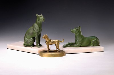 Image Three sculptures of mastiffs, probably France,20-30s, pair of mastiffs on light bases, ...