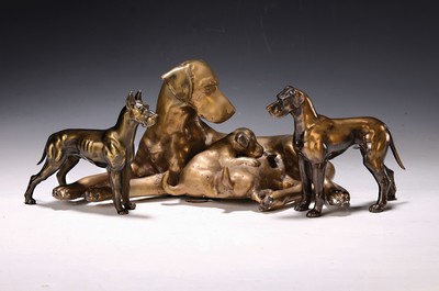 Image 3 sculptures of Great Danes, 20th century, bronze, female dog with puppies, approx. L. ...