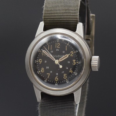 26795267a - BULOVA military wristwatch A17A of the USA in steel, USA around 1958, manual winding, frosted and screwed down case, UNPOLISHED, case back with military-engraving, big original winding crown, black dial, Arabic luminous numerals, original luminous hands, sweep seconds with second-stop at hand- setting, nickel plated movement calibre 10BNCH with date-code L8 (1958) under dust protection, 17 jewels, Glucydur-balance with Breguet-hairspring, diameter approx. 32 mm, overhaul recommended at buyer's expense, condition 2, property of a collector