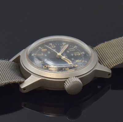 26795267b - BULOVA military wristwatch A17A of the USA in steel, USA around 1958, manual winding, frosted and screwed down case, UNPOLISHED, case back with military-engraving, big original winding crown, black dial, Arabic luminous numerals, original luminous hands, sweep seconds with second-stop at hand- setting, nickel plated movement calibre 10BNCH with date-code L8 (1958) under dust protection, 17 jewels, Glucydur-balance with Breguet-hairspring, diameter approx. 32 mm, overhaul recommended at buyer's expense, condition 2, property of a collector