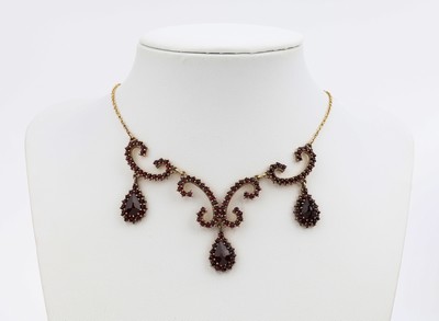 Image Garnet necklace , silver 925 gilt, Art Nouveau Style, middle part partly movable, round ...