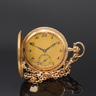 Image 26795277 - 14k yellow gold hunting cased pocket-watch with 14k yellow gold chain, Switzerland around 1920, case at the sides floral engraved and dent, metal cuvette, champagne coloured dial with Arabic numerals, blued steel hands, small second at 6, gold-plated lever movement, compensation-balance with Breguet balance- spring, diameter approx. 51 mm, length chain approx. 46,5 cm, total-weight approx. 103g, needs to be overhauled, condition 3
