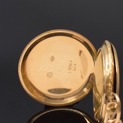 26795277a - 14k yellow gold hunting cased pocket-watch with 14k yellow gold chain, Switzerland around 1920, case at the sides floral engraved and dent, metal cuvette, champagne coloured dial with Arabic numerals, blued steel hands, small second at 6, gold-plated lever movement, compensation-balance with Breguet balance- spring, diameter approx. 51 mm, length chain approx. 46,5 cm, total-weight approx. 103g, needs to be overhauled, condition 3