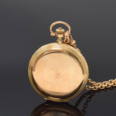 26795277b - 14k yellow gold hunting cased pocket-watch with 14k yellow gold chain, Switzerland around 1920, case at the sides floral engraved and dent, metal cuvette, champagne coloured dial with Arabic numerals, blued steel hands, small second at 6, gold-plated lever movement, compensation-balance with Breguet balance- spring, diameter approx. 51 mm, length chain approx. 46,5 cm, total-weight approx. 103g, needs to be overhauled, condition 3