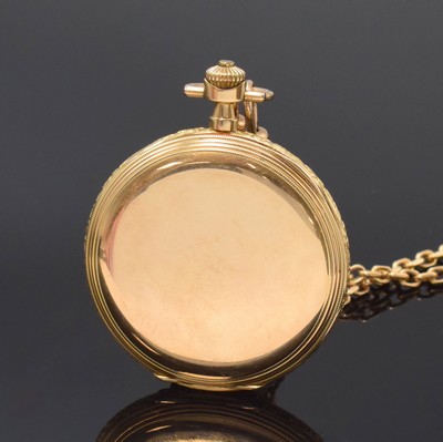 26795277c - 14k yellow gold hunting cased pocket-watch with 14k yellow gold chain, Switzerland around 1920, case at the sides floral engraved and dent, metal cuvette, champagne coloured dial with Arabic numerals, blued steel hands, small second at 6, gold-plated lever movement, compensation-balance with Breguet balance- spring, diameter approx. 51 mm, length chain approx. 46,5 cm, total-weight approx. 103g, needs to be overhauled, condition 3
