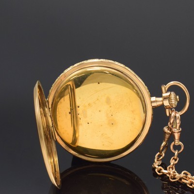 26795277e - 14k yellow gold hunting cased pocket-watch with 14k yellow gold chain, Switzerland around 1920, case at the sides floral engraved and dent, metal cuvette, champagne coloured dial with Arabic numerals, blued steel hands, small second at 6, gold-plated lever movement, compensation-balance with Breguet balance- spring, diameter approx. 51 mm, length chain approx. 46,5 cm, total-weight approx. 103g, needs to be overhauled, condition 3