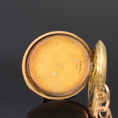 26795277f - 14k yellow gold hunting cased pocket-watch with 14k yellow gold chain, Switzerland around 1920, case at the sides floral engraved and dent, metal cuvette, champagne coloured dial with Arabic numerals, blued steel hands, small second at 6, gold-plated lever movement, compensation-balance with Breguet balance- spring, diameter approx. 51 mm, length chain approx. 46,5 cm, total-weight approx. 103g, needs to be overhauled, condition 3