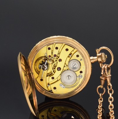 26795277g - 14k yellow gold hunting cased pocket-watch with 14k yellow gold chain, Switzerland around 1920, case at the sides floral engraved and dent, metal cuvette, champagne coloured dial with Arabic numerals, blued steel hands, small second at 6, gold-plated lever movement, compensation-balance with Breguet balance- spring, diameter approx. 51 mm, length chain approx. 46,5 cm, total-weight approx. 103g, needs to be overhauled, condition 3
