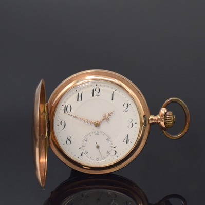 Image 26795278 - 8k pink gold hunting cased pocket-watch, Switzerland around 1910, case dent, engine- turned spring and back cover, hunter cover with monogram-mirror, metal cuvette, enamel dial with Arabic numerals, gilded hands, constant second at 6, gold-plated lever movement, compensation-balance with Breguet balance-spring, diameter approx. 52 mm, total-weight approx. 84g, needs to be overhauled, condition 2-3