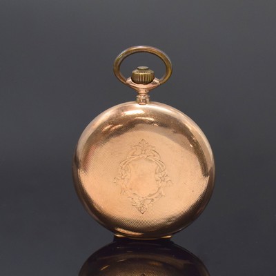 26795278b - 8k pink gold hunting cased pocket-watch, Switzerland around 1910, case dent, engine- turned spring and back cover, hunter cover with monogram-mirror, metal cuvette, enamel dial with Arabic numerals, gilded hands, constant second at 6, gold-plated lever movement, compensation-balance with Breguet balance-spring, diameter approx. 52 mm, total-weight approx. 84g, needs to be overhauled, condition 2-3