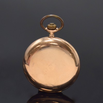 26795278c - 8k pink gold hunting cased pocket-watch, Switzerland around 1910, case dent, engine- turned spring and back cover, hunter cover with monogram-mirror, metal cuvette, enamel dial with Arabic numerals, gilded hands, constant second at 6, gold-plated lever movement, compensation-balance with Breguet balance-spring, diameter approx. 52 mm, total-weight approx. 84g, needs to be overhauled, condition 2-3