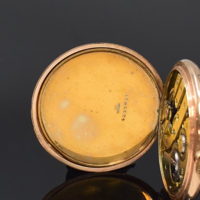 26795278f - 8k pink gold hunting cased pocket-watch, Switzerland around 1910, case dent, engine- turned spring and back cover, hunter cover with monogram-mirror, metal cuvette, enamel dial with Arabic numerals, gilded hands, constant second at 6, gold-plated lever movement, compensation-balance with Breguet balance-spring, diameter approx. 52 mm, total-weight approx. 84g, needs to be overhauled, condition 2-3