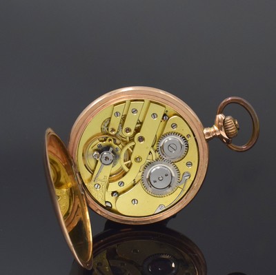 26795278g - 8k pink gold hunting cased pocket-watch, Switzerland around 1910, case dent, engine- turned spring and back cover, hunter cover with monogram-mirror, metal cuvette, enamel dial with Arabic numerals, gilded hands, constant second at 6, gold-plated lever movement, compensation-balance with Breguet balance-spring, diameter approx. 52 mm, total-weight approx. 84g, needs to be overhauled, condition 2-3