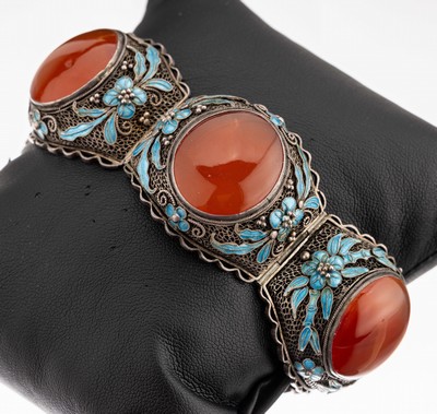 Image Carnelian enamel bracelet , China approx. 1960s, silver, oval carnelian cabochons, ...