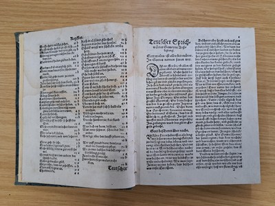 26795380b - Sebastian Franck (1499-1542): Proverbs, Beautiful sage Klugreden, Frankfurt, Egenolff 1548, 8°, 182 folios, title copper (S. minor trimmed), restored, cardboard binding secondary, good condition, in middle section small worm passage; extensive collection at proverbs after Erasmus, Vives, Seneca and other antique authors, German-language interpretation and explication