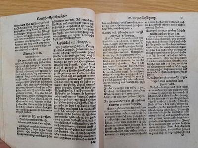26795380d - Sebastian Franck (1499-1542): Proverbs, Beautiful sage Klugreden, Frankfurt, Egenolff 1548, 8°, 182 folios, title copper (S. minor trimmed), restored, cardboard binding secondary, good condition, in middle section small worm passage; extensive collection at proverbs after Erasmus, Vives, Seneca and other antique authors, German-language interpretation and explication