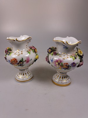 26795796c - Miniature vases-couple, Meissen, Knaufzeit, before 1924, porcelain, polychrome hand painted, small attached blossoms, bulged shape, gold decoration, traces of age, H. each 9.5 cm