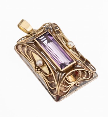 Image 18 kt gold amethyst pendant , YG 750/000 andsilver tested, approx. 1950/60, applied gold ...