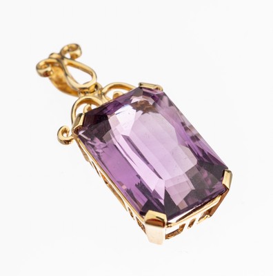 Image 14 kt gold amethyst pendant , YG 585/000, bevelled amethyst rectangle, prong setting ...