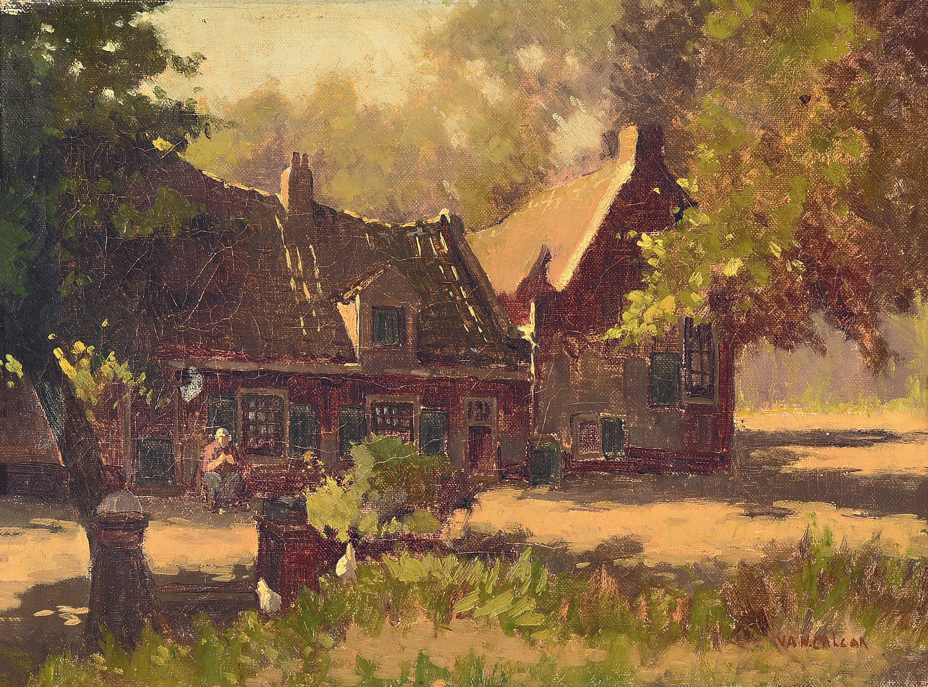 Gesina (Geesje) Mesdag van Calcar, 1850-1936, niederrheinisches Bauerngehöft hinter Bäumen, eine strickende Frau davor in der Sonne sitzend, ...