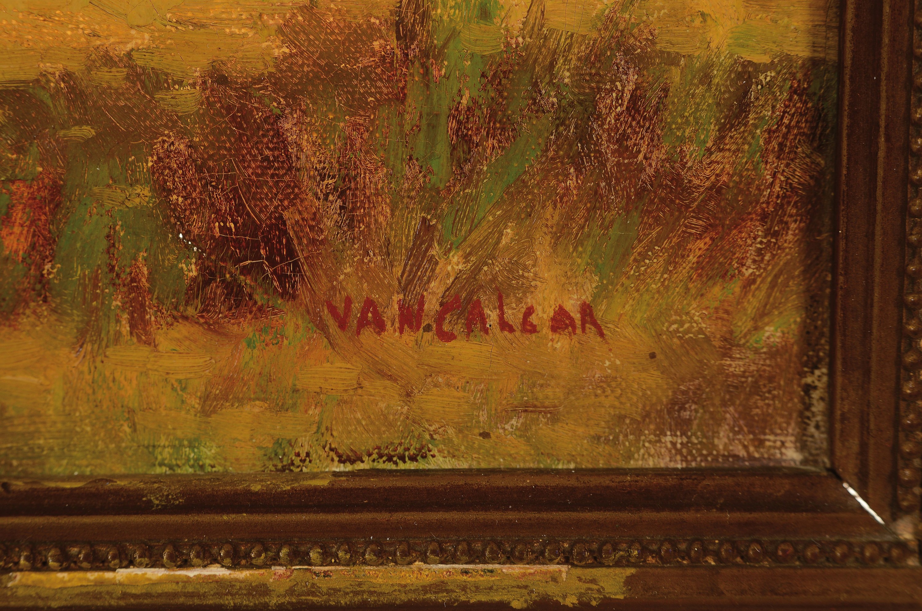 Detail a: Gesina (Geesje) Mesdag van Calcar, 1850-1936, niederrheinisches Bauerngehöft hinter Bäumen, eine strickende Frau davor in der Sonne sitzend, ...
