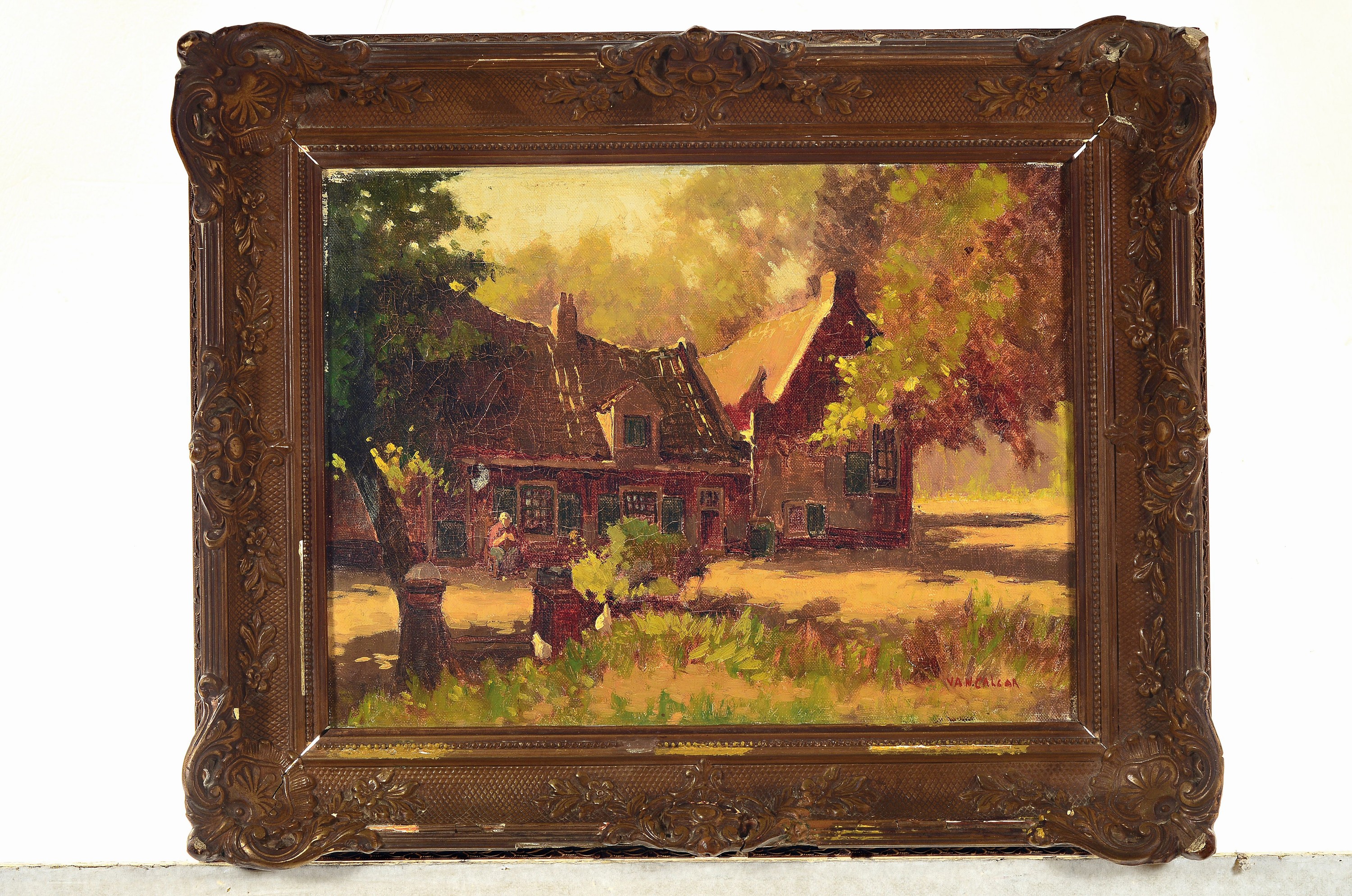 Detail k: Gesina (Geesje) Mesdag van Calcar, 1850-1936, niederrheinisches Bauerngehöft hinter Bäumen, eine strickende Frau davor in der Sonne sitzend, ...