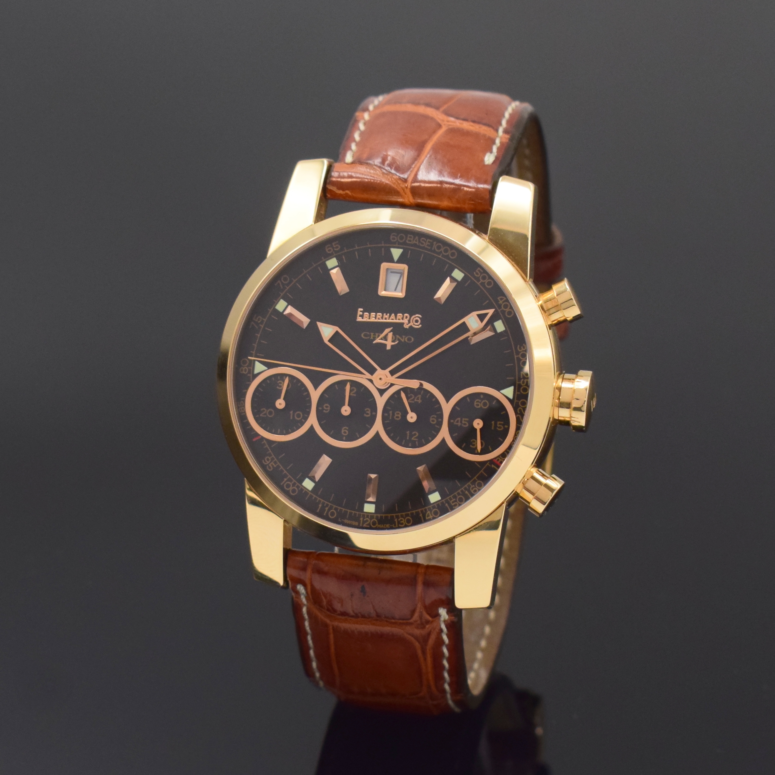 EBERHARD & Co. Armbandchronograph Chrono 4 in Roségold 750/000 Referenz 30058, Automatik, Schweiz um 2010, orig. Lederband m. orig. RG Dornschl. in ...
