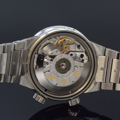 26796395f - IWC alarm wristwatch model GST reference 3537, self winding, Switzerland around 2003, stainless steel case including bracelet with deployant clasp, sapphire crystal, screwed down case back, calibre 1.917, 22 jewels, adjusted in 5 positions, fausses cotes decoration, separate crowns, diameter approx. 40 mm, length approx. 19 cm, original box, condition 2, property of a collector