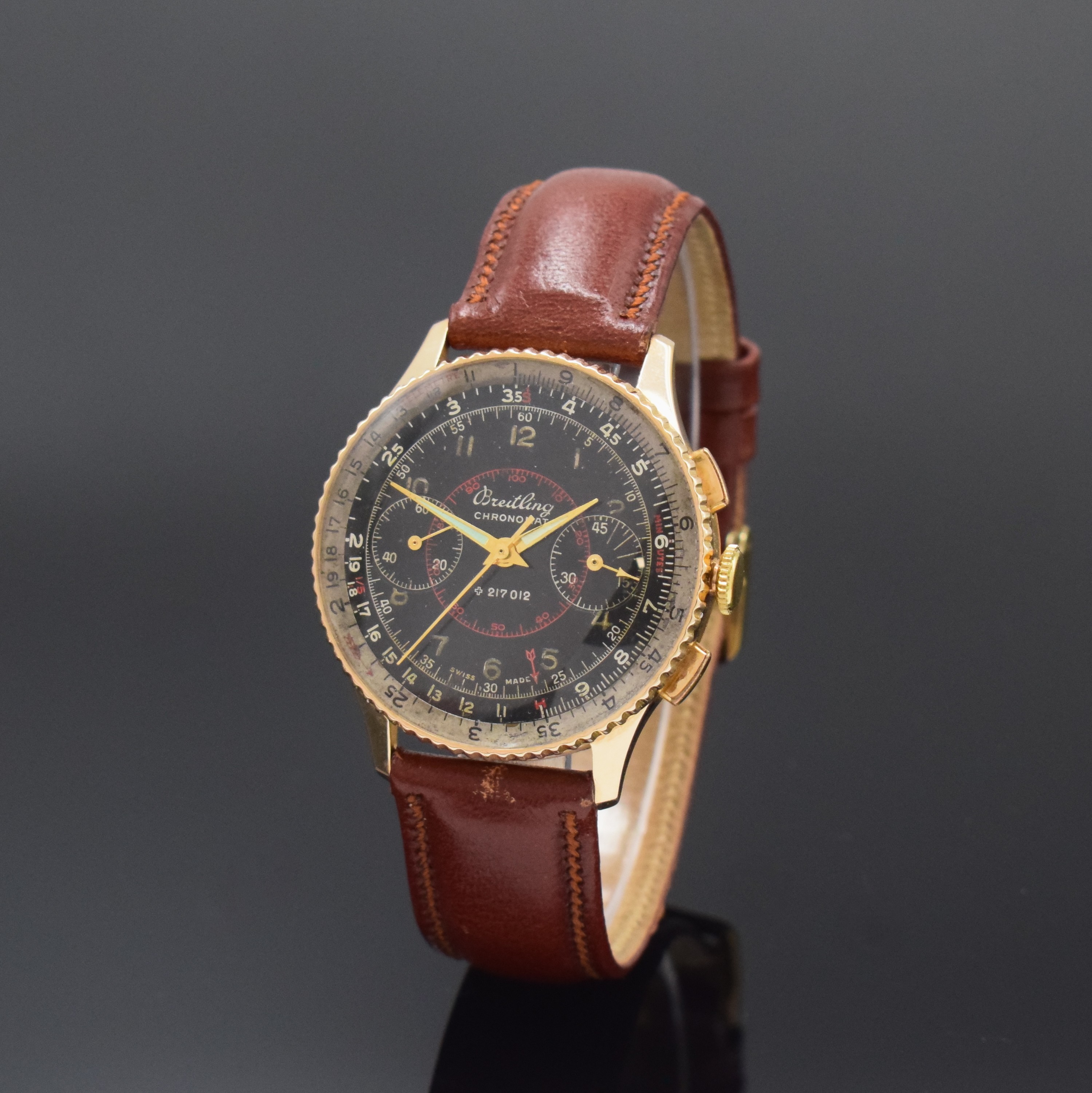 BREITLING seltener Schaltradchronograph Chronomat in RG 750/000 Referenz 769 mit Shiny Dial, Schweiz um 1945, Handaufzug, 3-teil. Gehäuse, mit ...