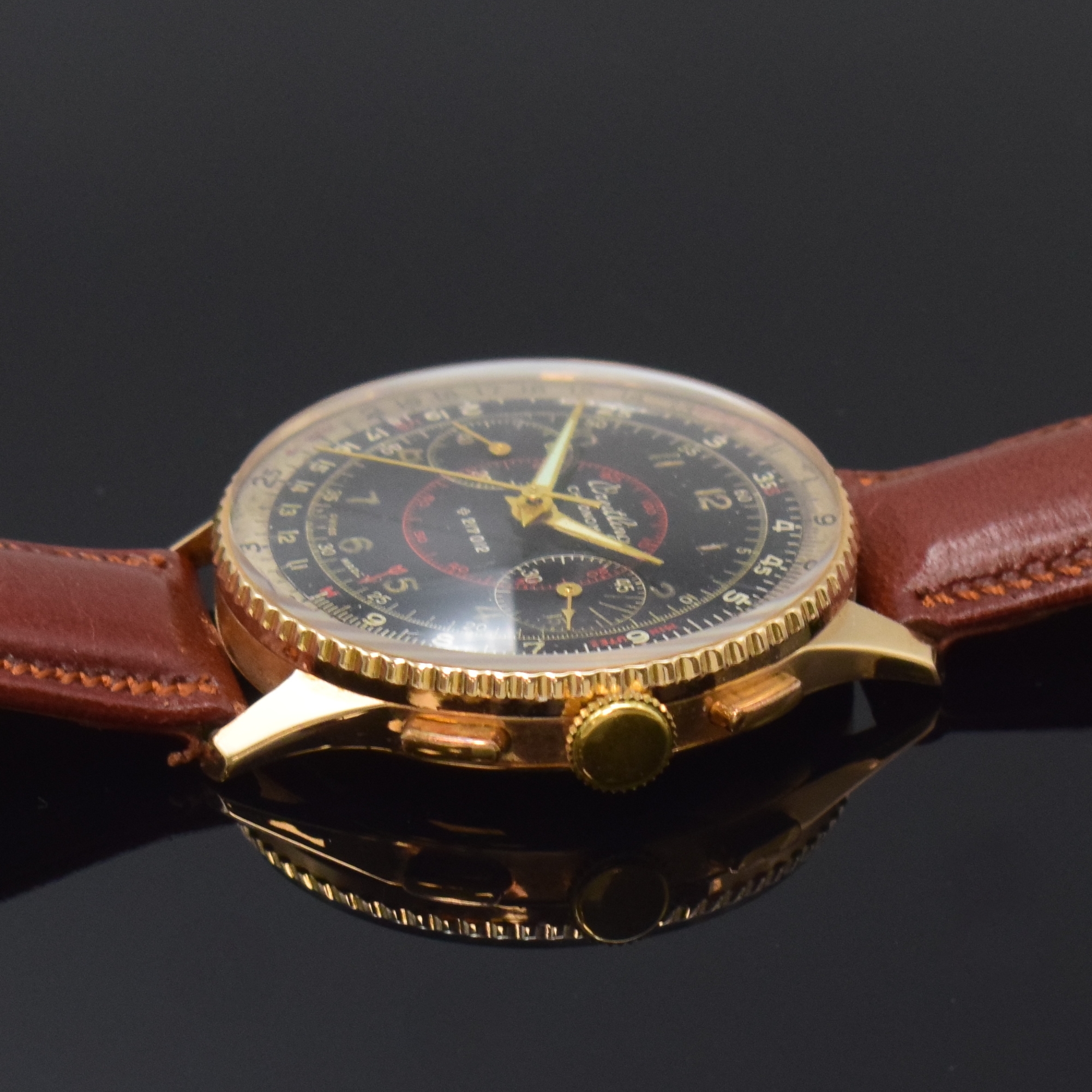 Detail b: BREITLING seltener Schaltradchronograph Chronomat in RG 750/000 Referenz 769 mit Shiny Dial, Schweiz um 1945, Handaufzug, 3-teil. Gehäuse, mit ...