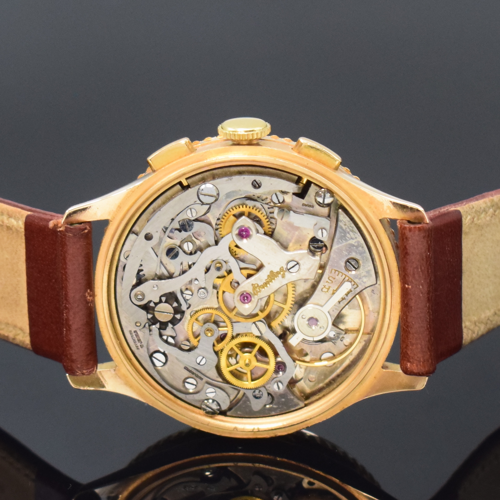 Detail d: BREITLING seltener Schaltradchronograph Chronomat in RG 750/000 Referenz 769 mit Shiny Dial, Schweiz um 1945, Handaufzug, 3-teil. Gehäuse, mit ...