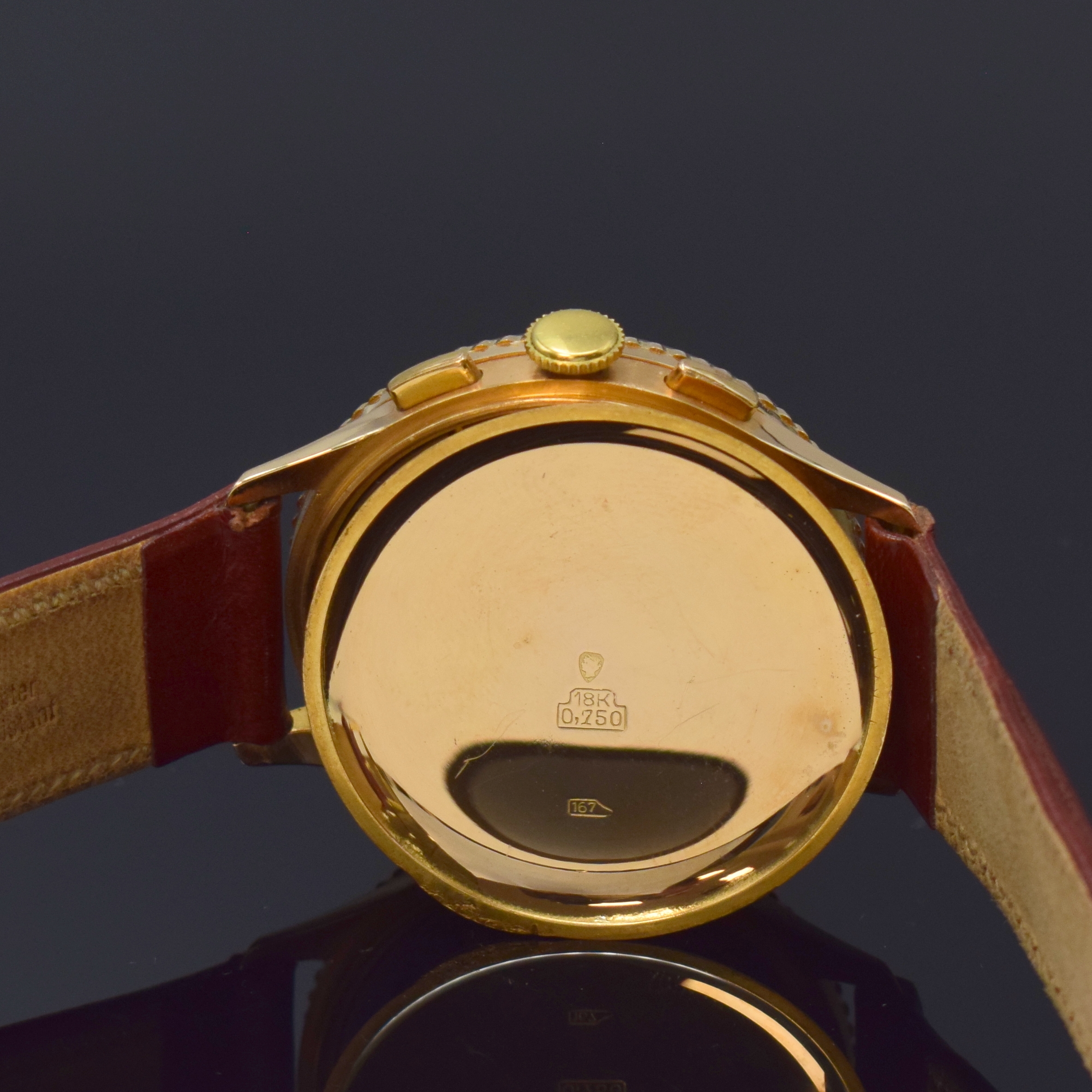 Detail e: BREITLING seltener Schaltradchronograph Chronomat in RG 750/000 Referenz 769 mit Shiny Dial, Schweiz um 1945, Handaufzug, 3-teil. Gehäuse, mit ...