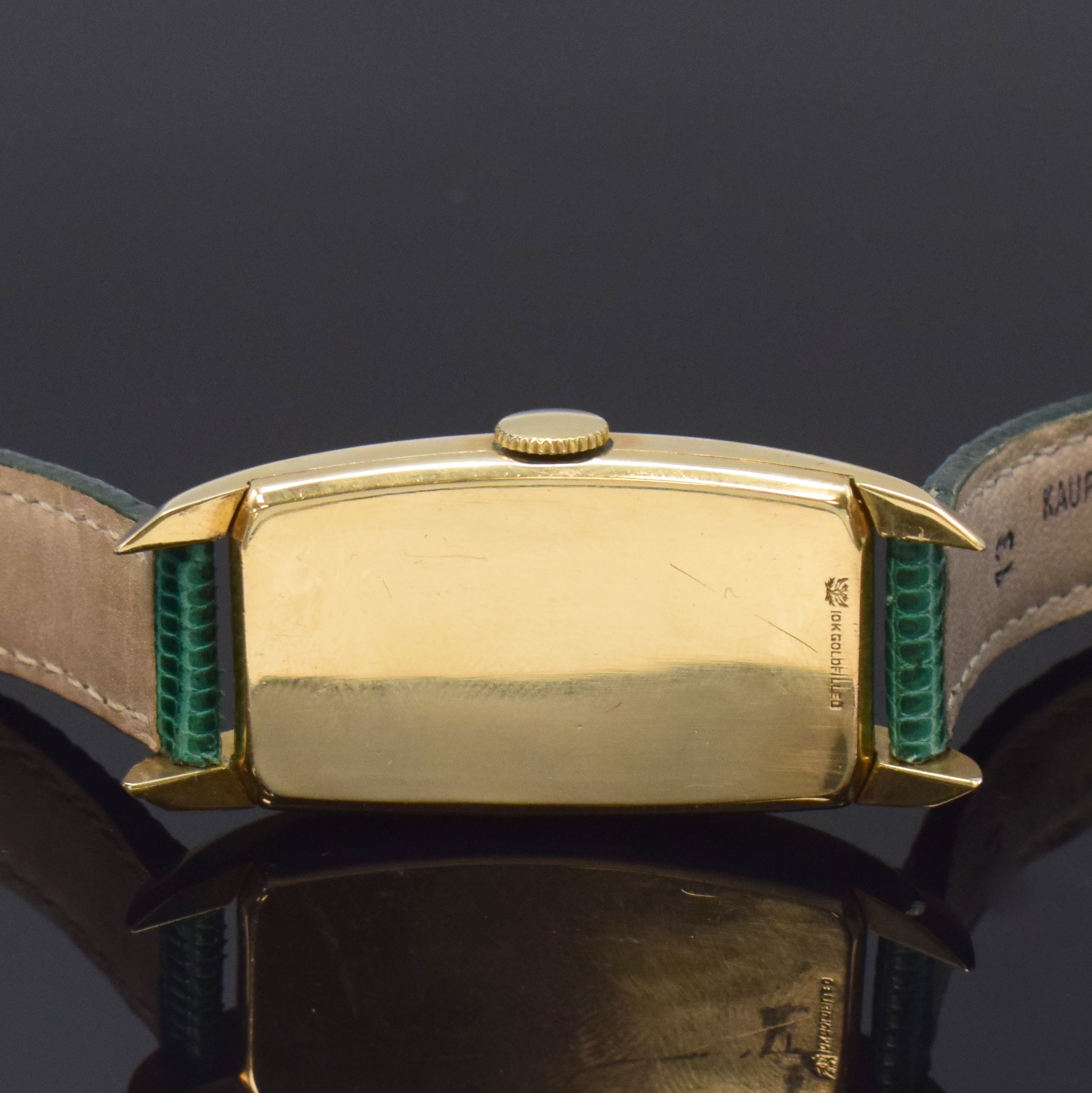 Detail c: GRUEN Herrenarmbanduhr in 10k Goldfilled Referenz 500-296, Schweiz/USA um 1937, Handaufzug, 2-teil., in sich gewölbtes Geh., Boden aufgedr., silb. ...