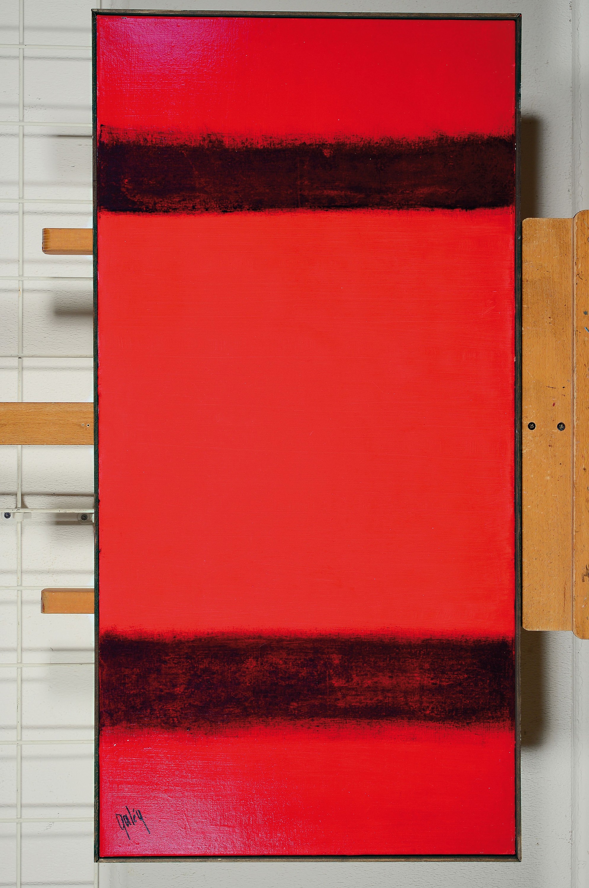 Detail k: Gaston Galé, zeitgen. belgischer Künstler, 2 Pendants, Kompositionen in Rot und Schwarz, Öl/Lwd, links unten sign., ca. 102x52cm, Leiste, beide ...
