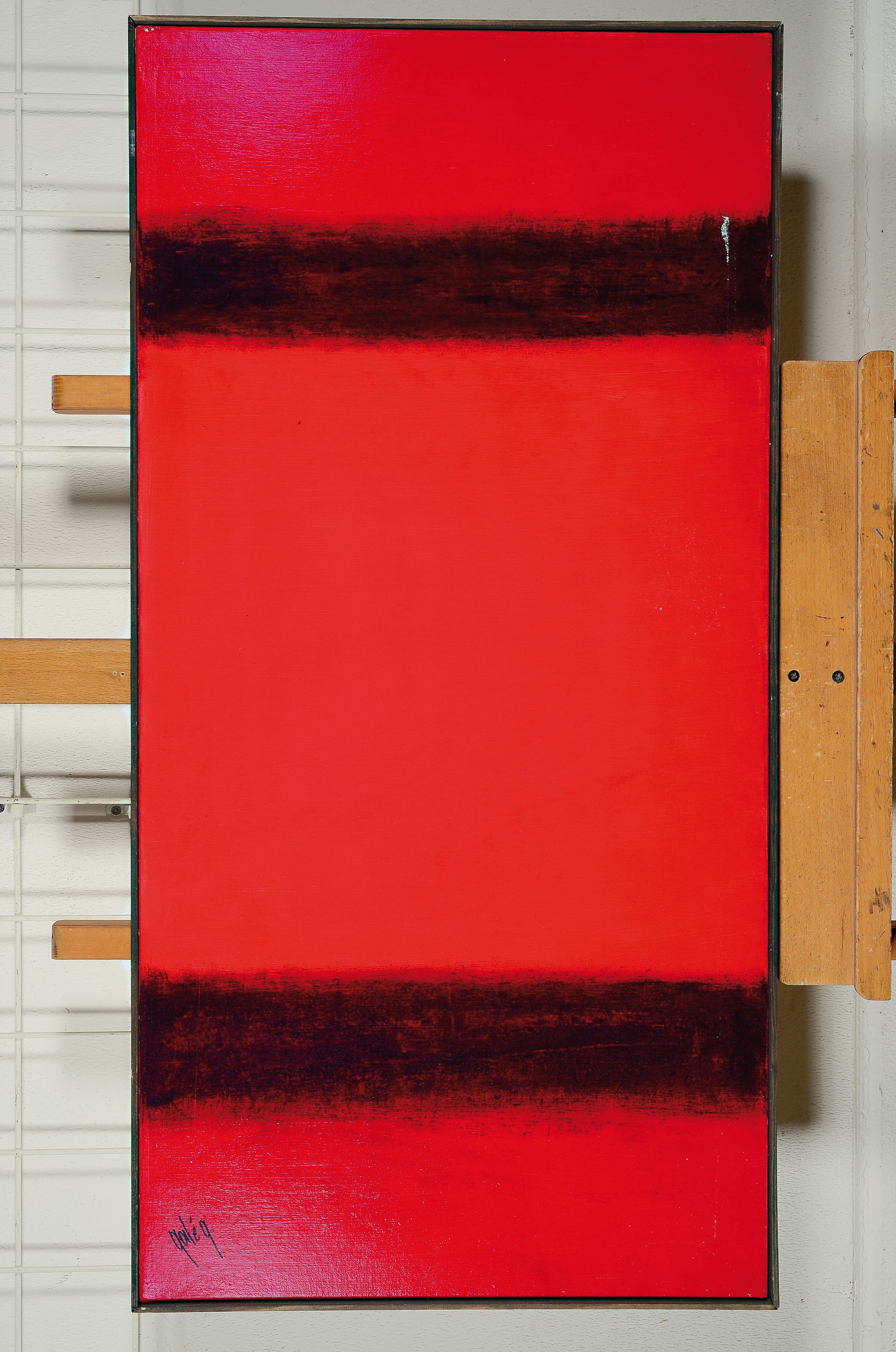 Detail l: Gaston Galé, zeitgen. belgischer Künstler, 2 Pendants, Kompositionen in Rot und Schwarz, Öl/Lwd, links unten sign., ca. 102x52cm, Leiste, beide ...
