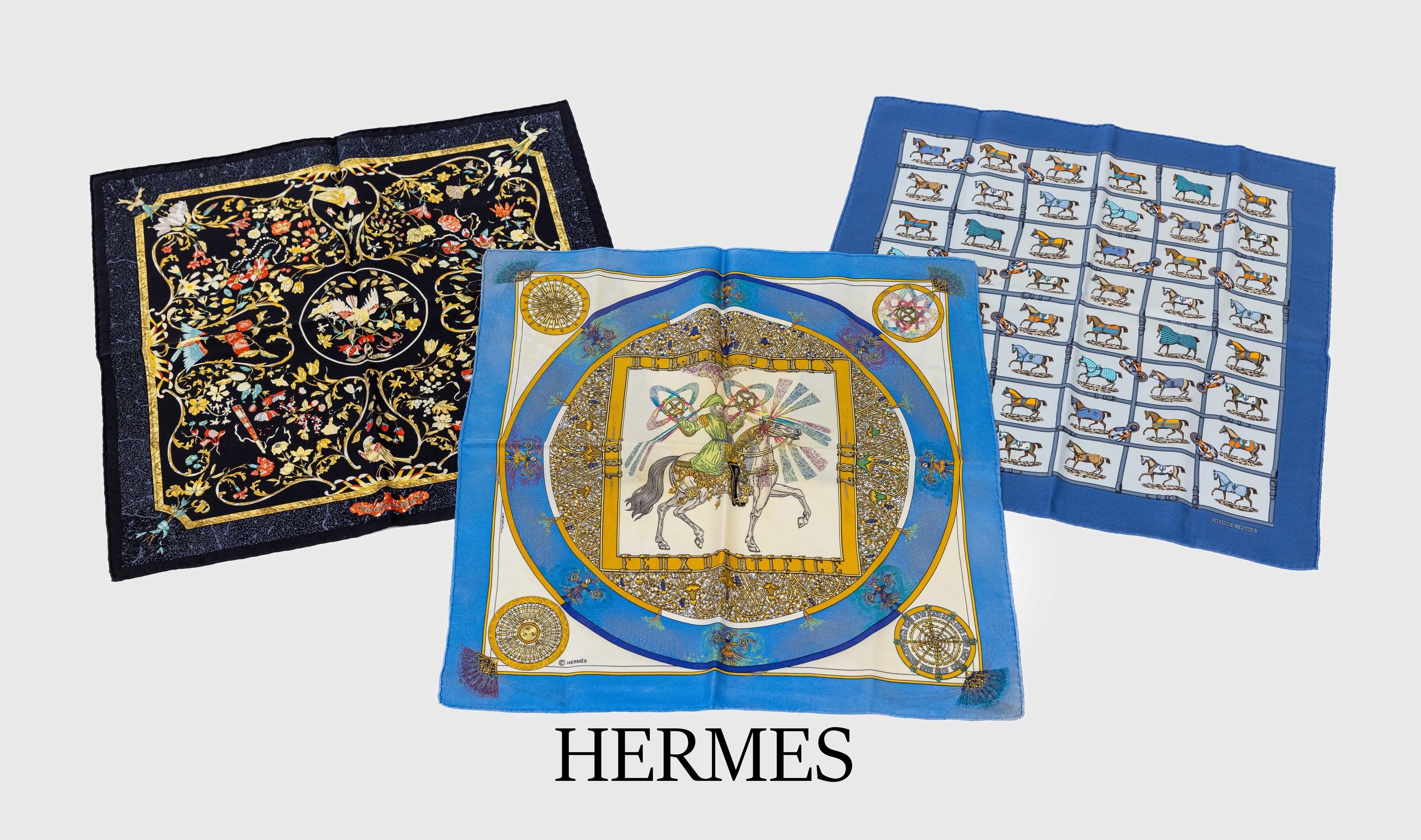 Konvolut 3 HERMES Seiden Bandanas, 100% Seide, 1x Feux D Artifice, zum 150. Jubiläum der Marke Hermes, vanillefarb. Grund, blauer Rand, mittig ...