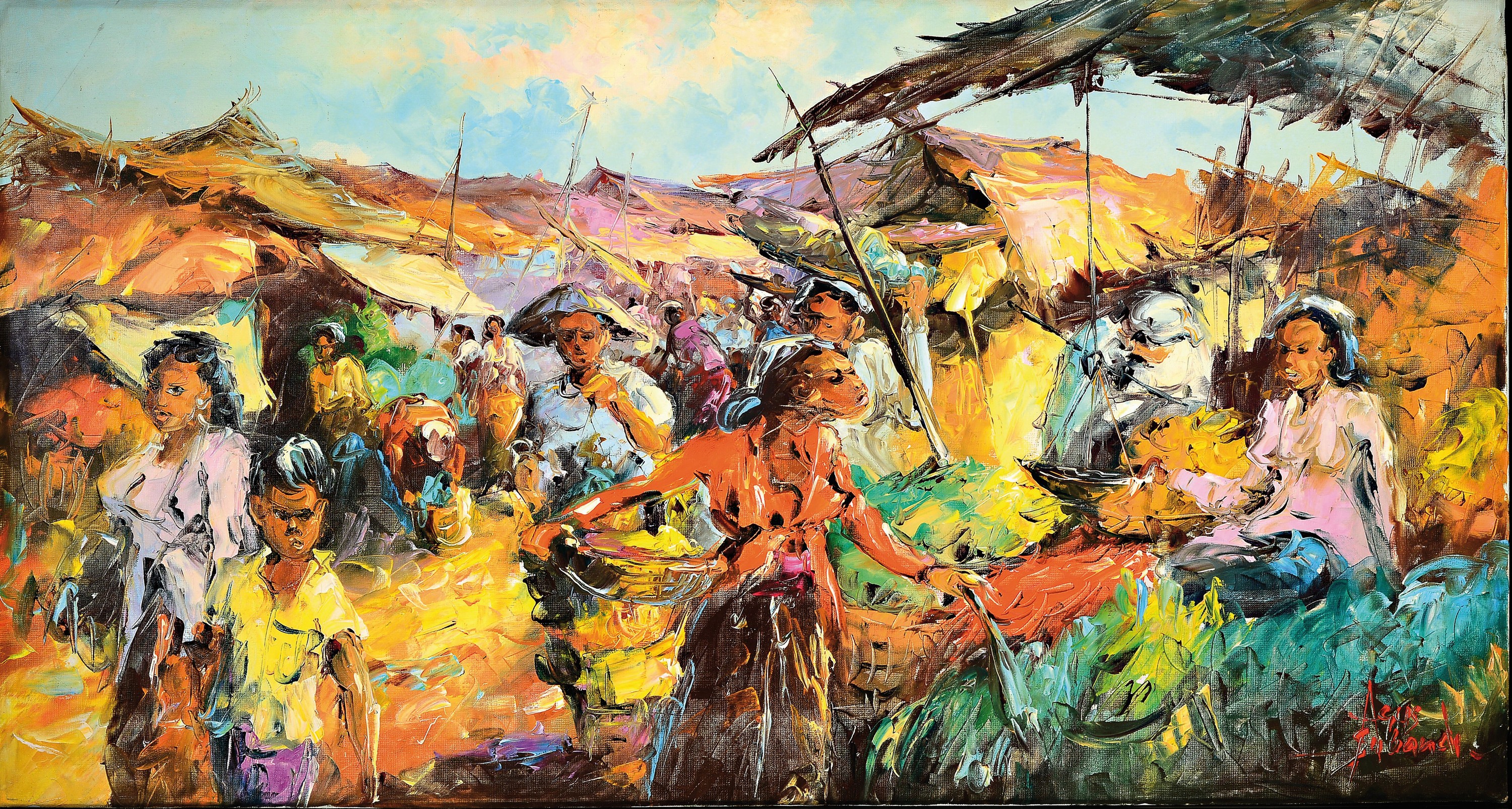 Agus Subandi, geb. 1980 Java, belebte vielfigurige Marktszene, Öl/Lwd, rechts unten signiert, ca. 65x125xcm, R. ca. 73x131cm