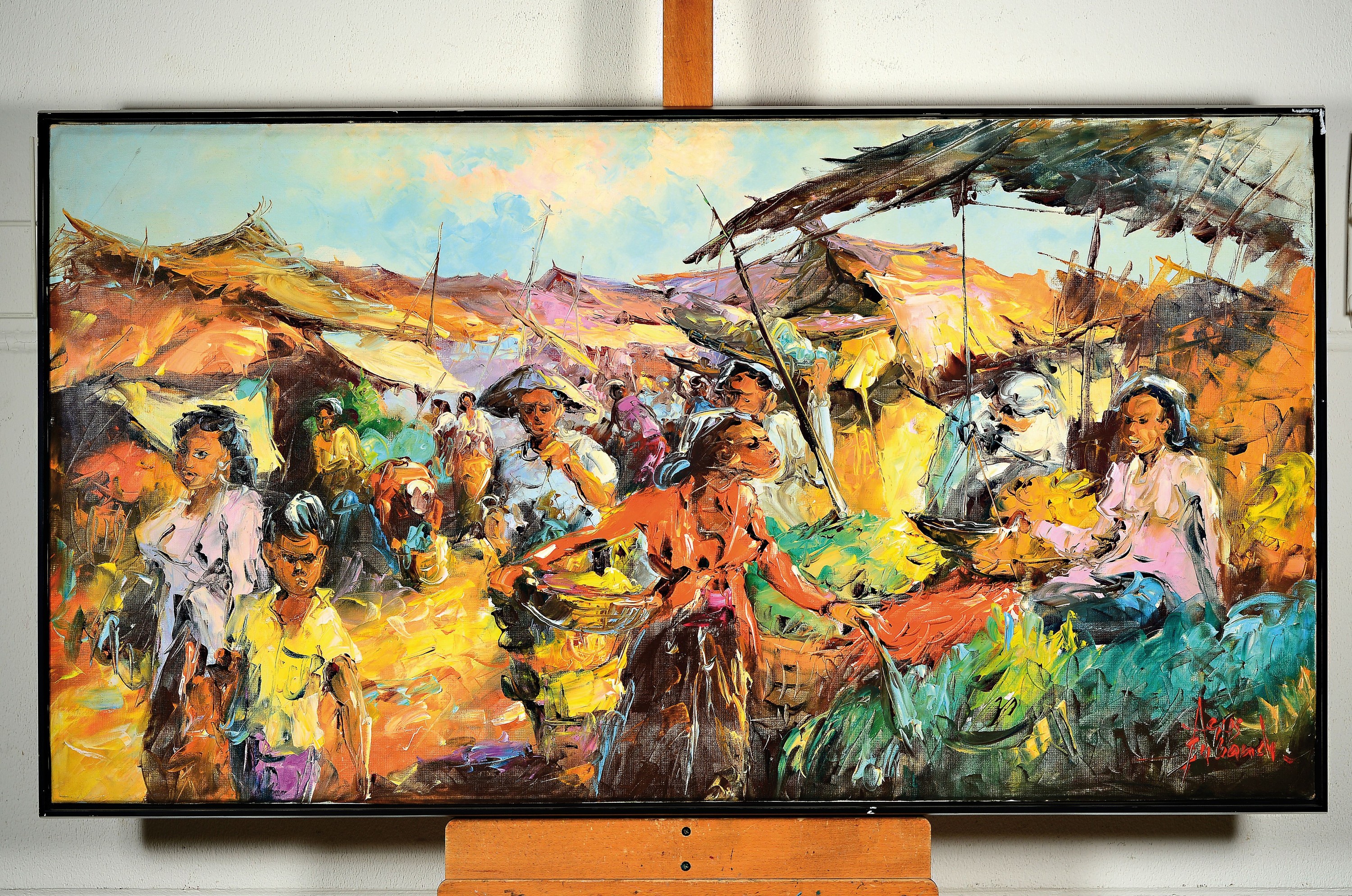 Detail k: Agus Subandi, geb. 1980 Java, belebte vielfigurige Marktszene, Öl/Lwd, rechts unten signiert, ca. 65x125xcm, R. ca. 73x131cm