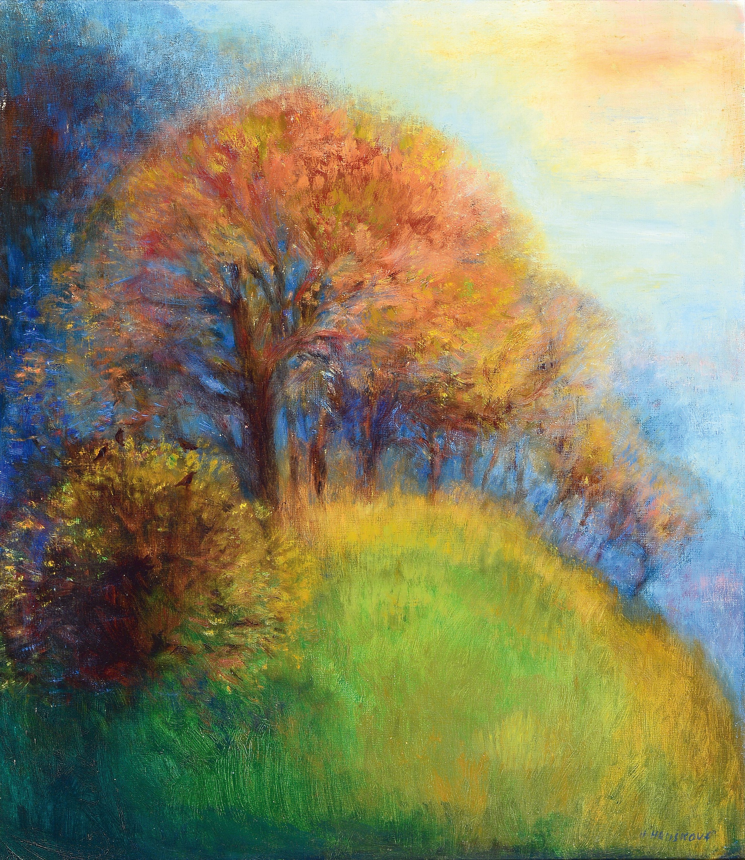 Helena Hruskova, geb. 1955 Tschechien, Herbstliche Baumreihe am Wiesenrand, Öl/Lwd, rechts unten signiert, ca. 75x65cm, Rahmen ca.83x73cm